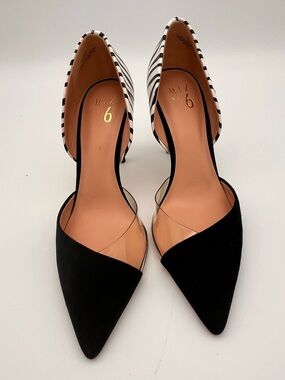 Mix No. 6 Black Pointed D'Orsay Heels with Black-and-White Striped Back